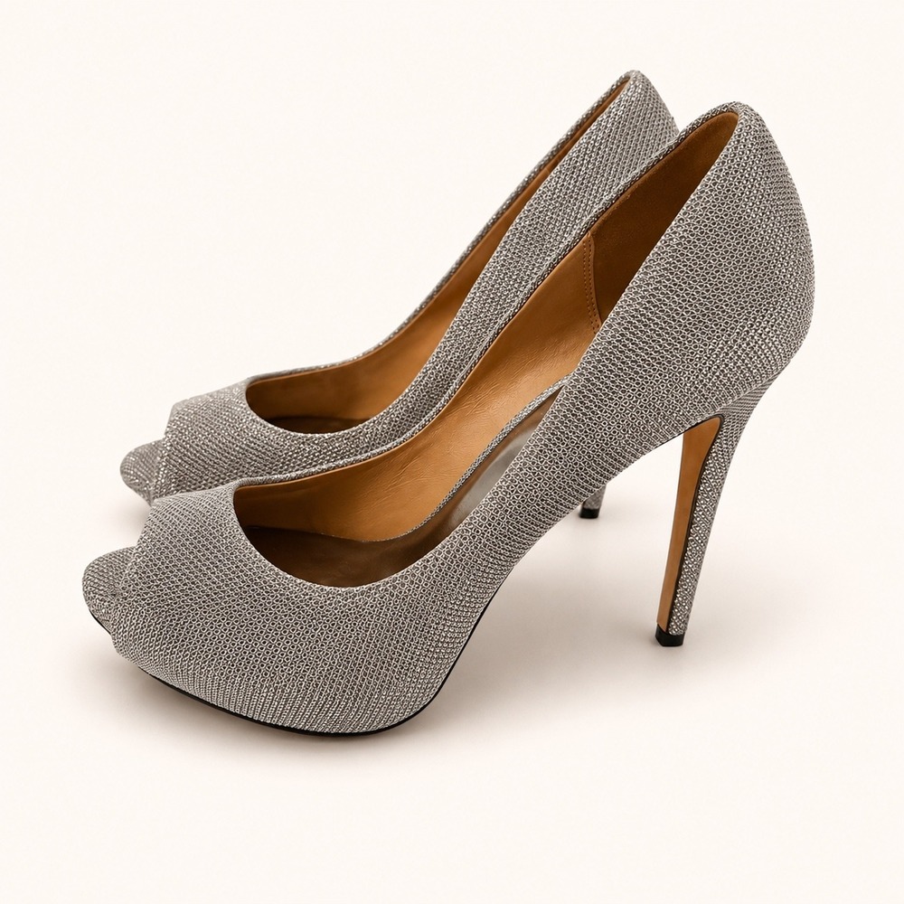 Badgley Mischka 9 Josie Silver‎ Diamond Drill Peep Toe Stiletto Pumps Event Glam